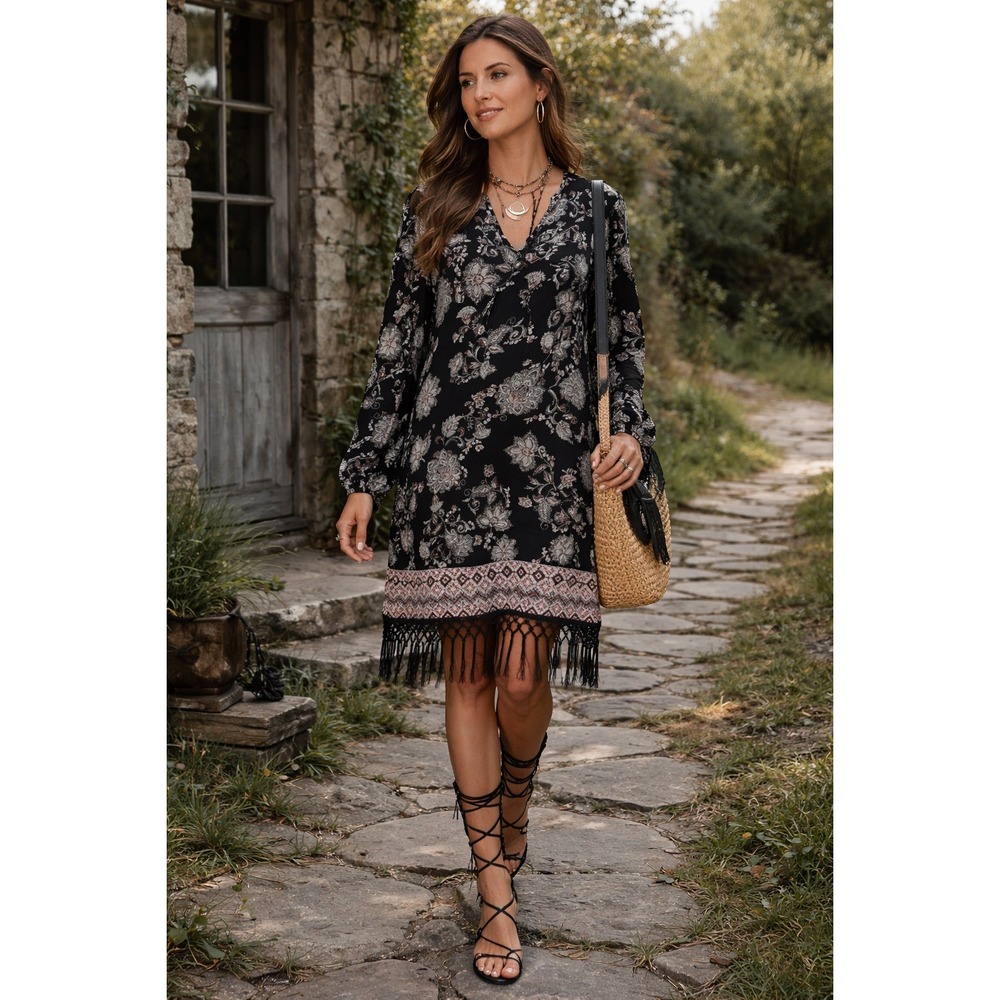 Boho Whimsigoth Black Paisley Floral Fringe Hem Long Sleeve Midi L‎ Shift Dress